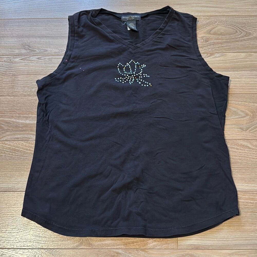 Banana Republic Stretch Cotton Black Tank Top Size Large with Bedazzled Flower o